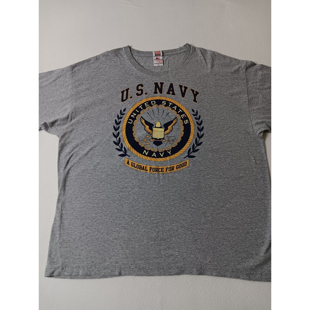 Bayside US Navy T-Shirt Mens 2XL Gray Short Sleeve Made in USA Graphic Tee